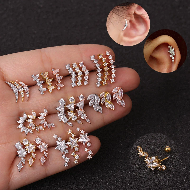 

1PC Ear Piercing Cartilage Stud Helix Conch Stainless Steel Earring Star Moon Screw Back Ear Stud Crystal Women Jewelry Gift