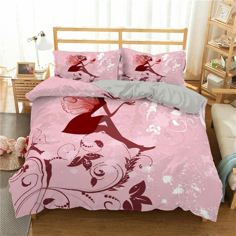 

Microfiber Romantic Comforter Cover Queen Size Girly Butterfly Duvet Cover Set Lovely Pink Flower Fairy with Wings Bedding Set