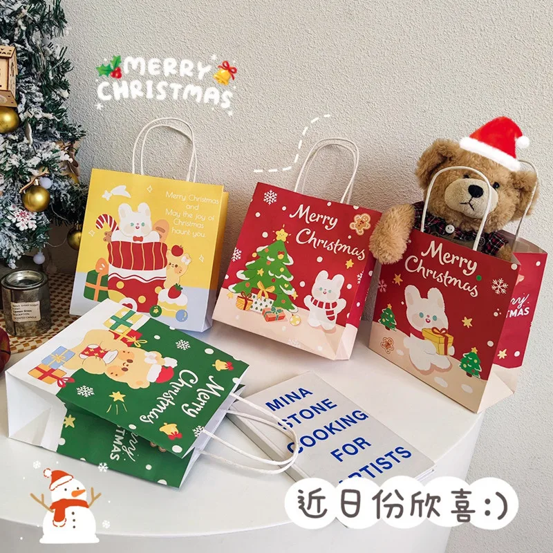 

10/20PCS Merry Christmas Gift Tote Bag Apple Baking Kraft Paper Bag Dessert Takeaway Packaging Bag