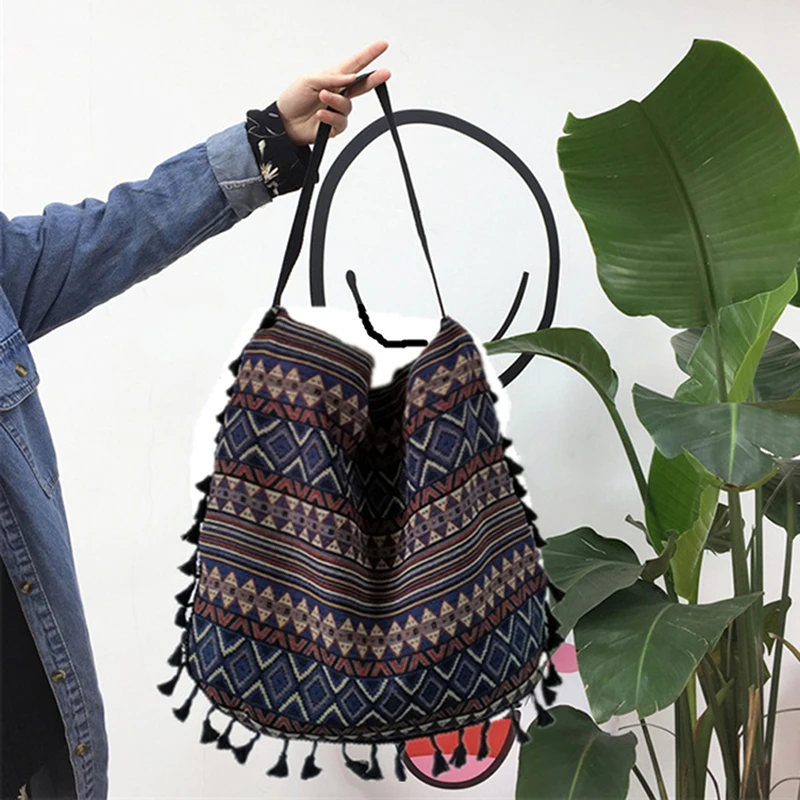 

Vintage Bohemian Tassel Shoulder Bag Women Nation Style Fringed Stripe Large Capacity Handbags Bag