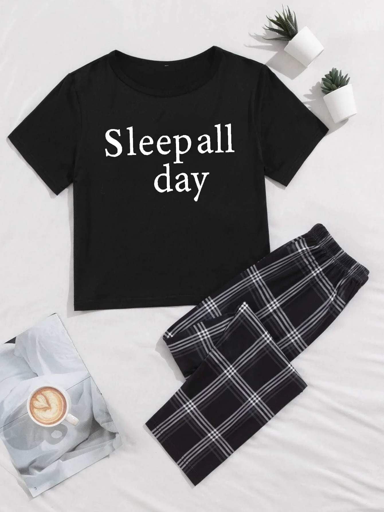 

Slogan Graphic Tee & Plaid Pants PJ Set