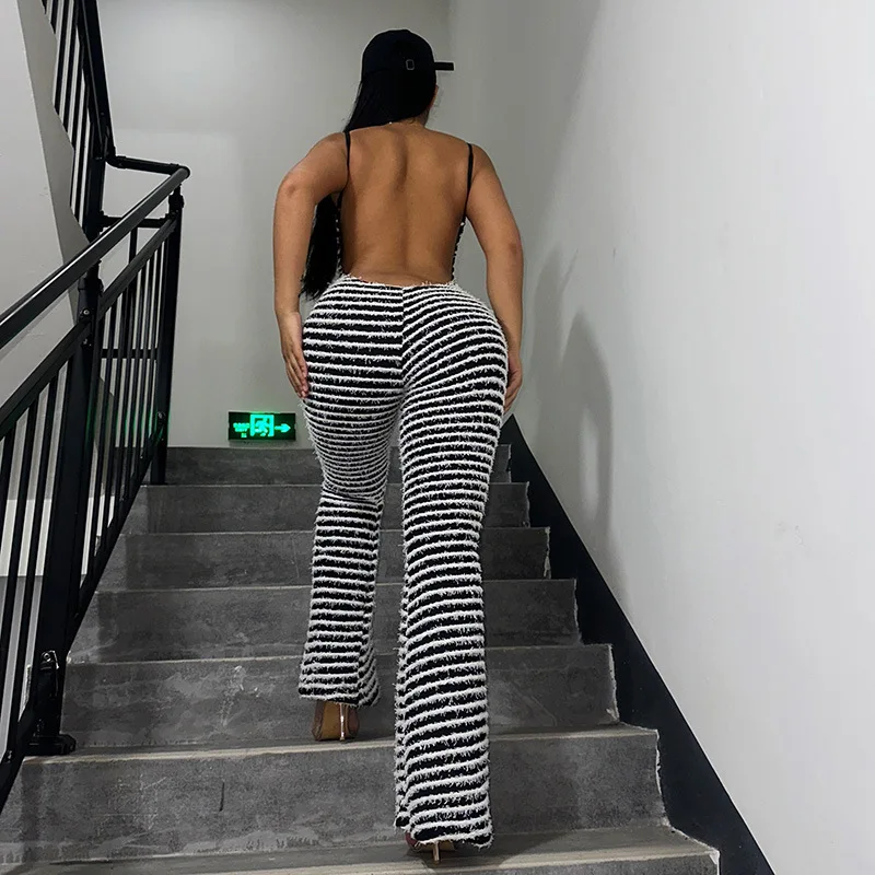 SIYU Backless Sexy Striped One Piece Flared Trousers 2023 Fashion Spaghetti Strap Jumpsuit for Women Party Clubwear Outfits