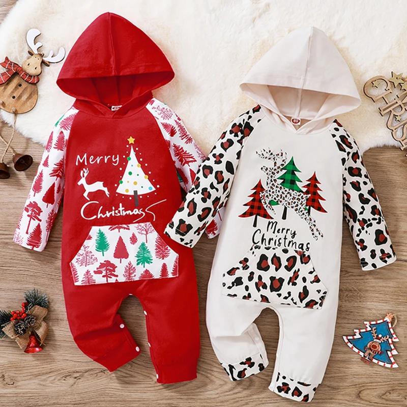 

Christmas Newborn Baby Hooded Christmas Clothes Toddler Baby Boys Grils Rompers Printed Trees Baby Long Sleeves Romper