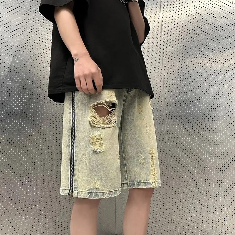 Men's Women's Denim Shorts Retro Ripped Shorts Super Large and Old Frayed Denim Five-point Pants 2023 New