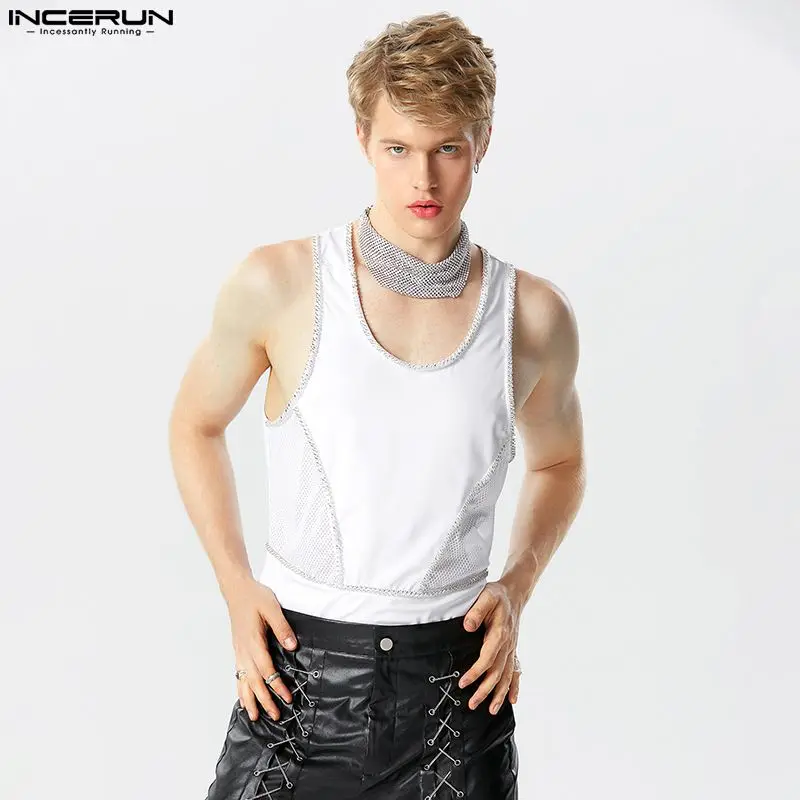 

Sexy Well Fitting Mens Homewear Bodysuits INCERUN Stylish Leisure Male Flash Fabric Splice Solid Sleeveless Jumpsuits S-5XL 2023