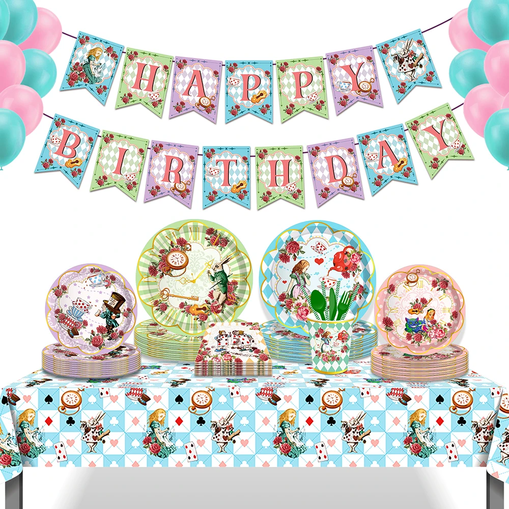 

Fairy Tale Wedding Alice Tea Rose Flowers Birthday Party Disposable Tableware Sets Banner Tablecovers Baby Shower Party Decors