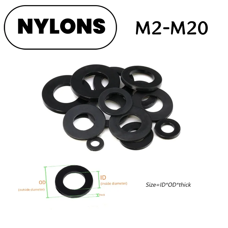 

M2 M2.5 M3 M4 M5 M6 M8 M10 M12 M14 M16 M18 M20 Черная пластиковая нейлоновая плоская шайба Плоская прокладка Изоляционное прокладковое кольцо для винта