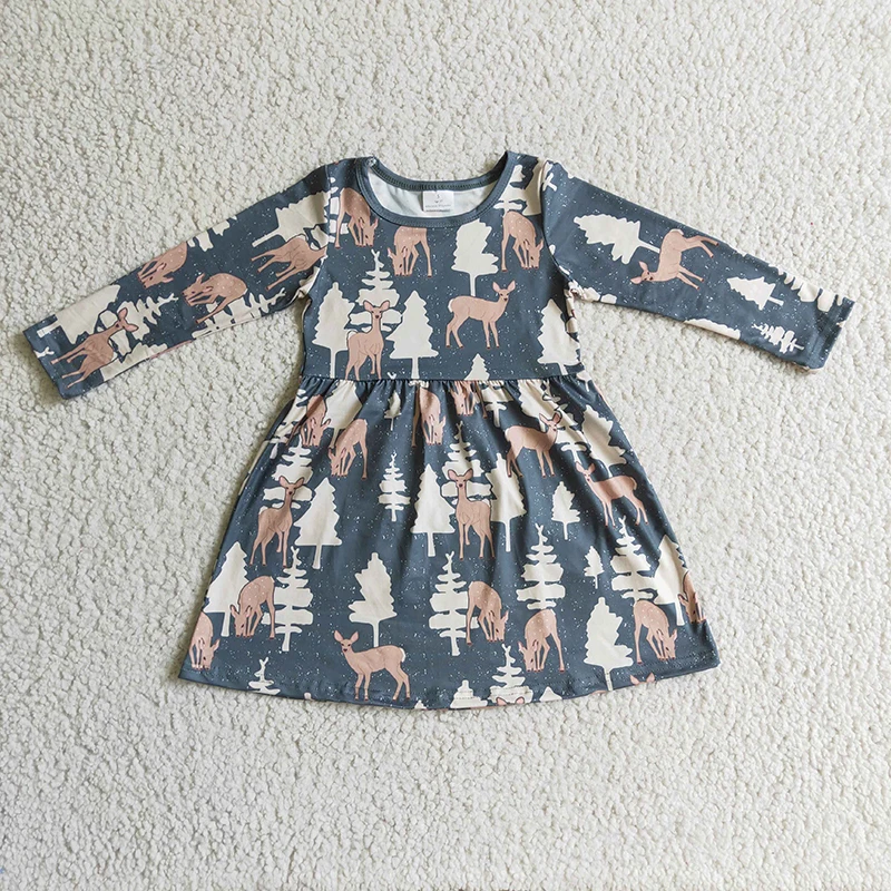 

Baby Girl Christmas Reindeer Tree Dress Long Sleeve Kid Children Infant Wholesale Toddler Holiday Clothes