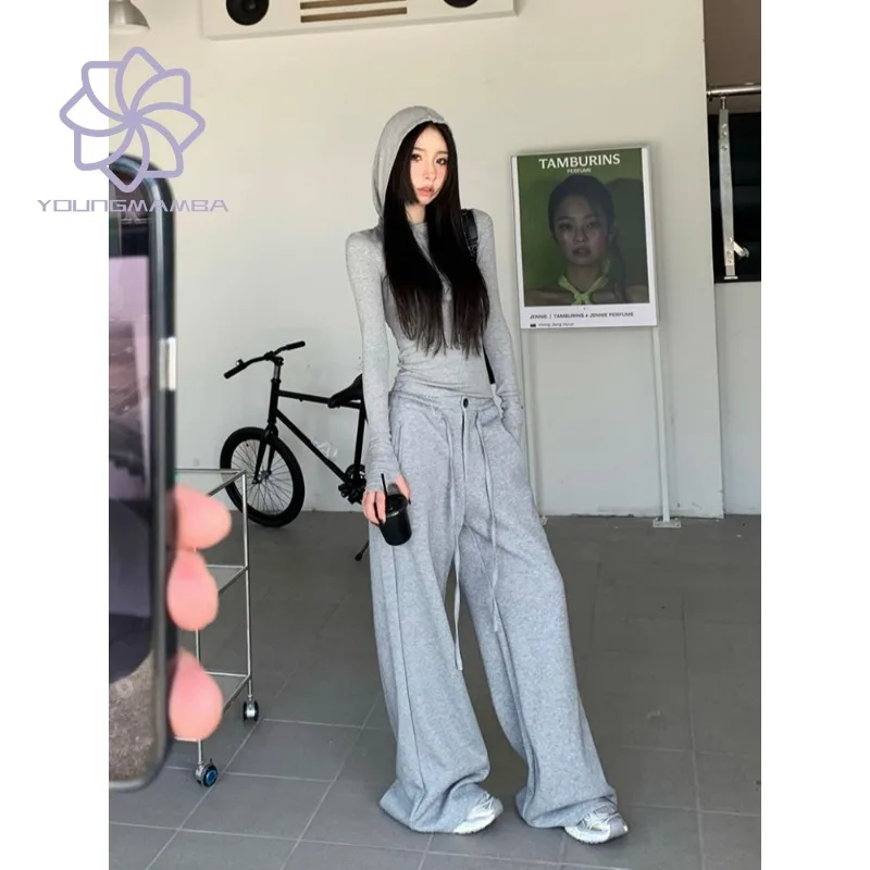 

Solid Streetwear Sports Suits for Women 2023 Korean Fashion Long Sleeve Hooded Tops and Wide Leg Straight Pants 2 Piece Sets