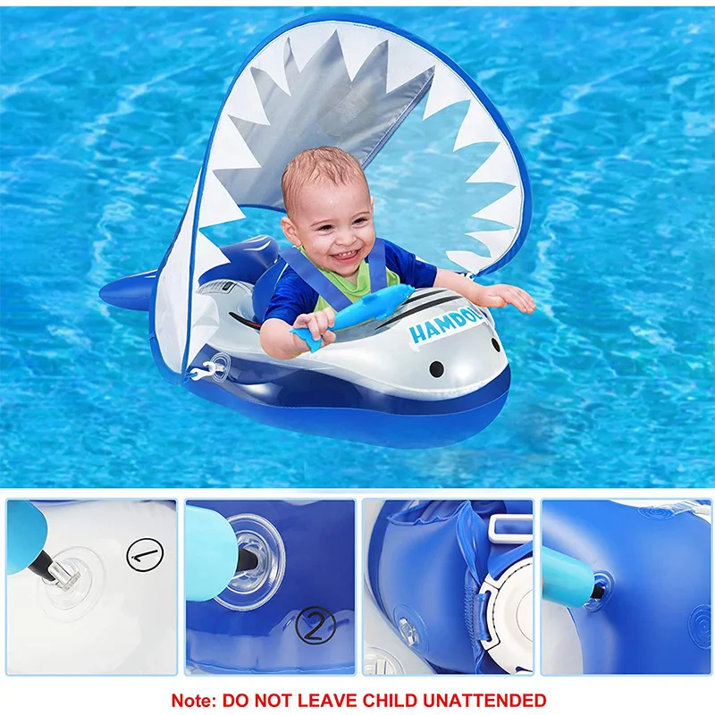 

Cute Shark Baby Swimming Float Inflatable Baby Awning Swim Ring Adjustable Waist Baby Neck Float Ring Shower Seat Sunshade