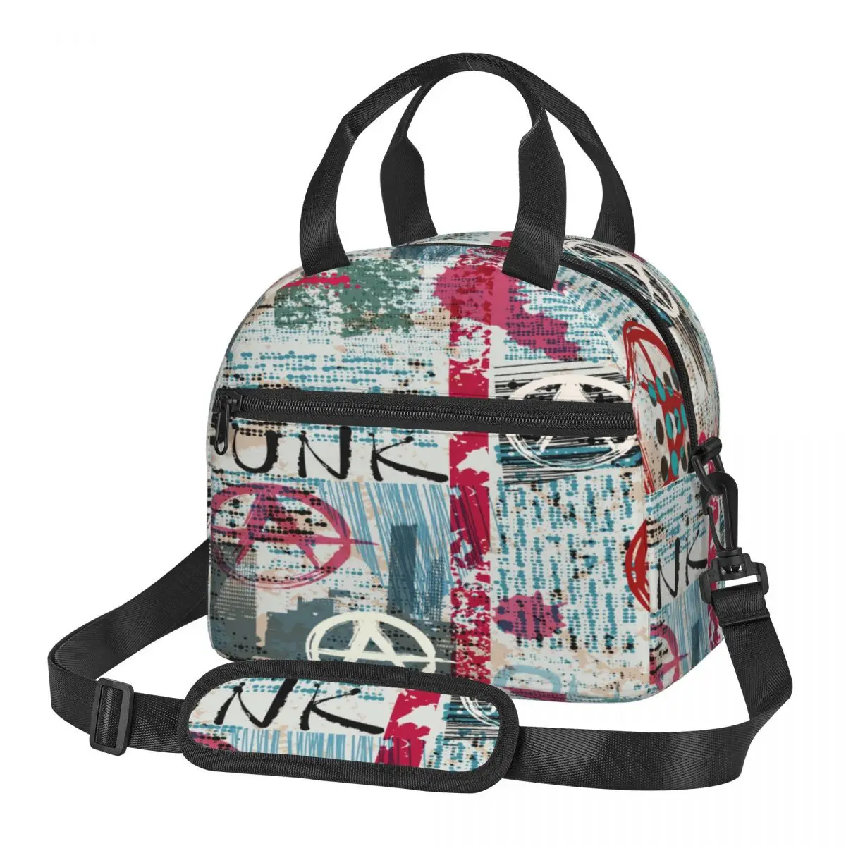 

Portable Lunch Bag Grunge Newspaper With Word Punk And Anarchy Insulated Cooler Bag Thermal Food Picnic Lunch Bag for Women Kids