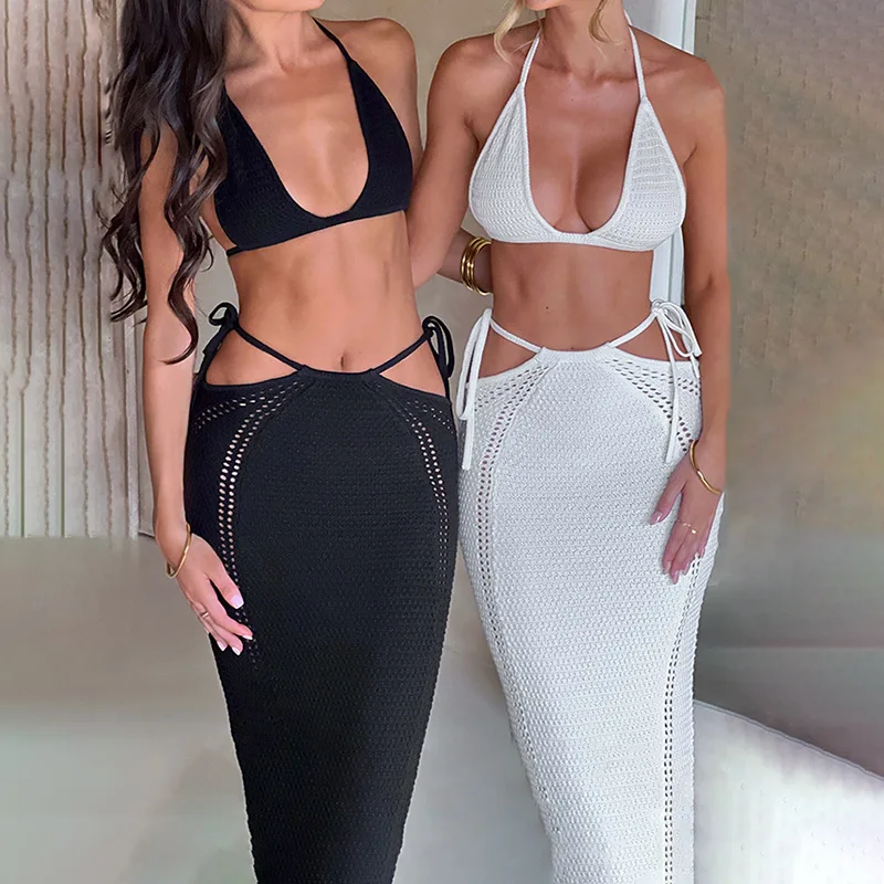 

RDMQ Hollow Out Knitted Backless Halter Tops Skirt Sets Lace-up Crop Top And Long Skirt Suit Women Sexy Party Vacation 2 Pcs Set