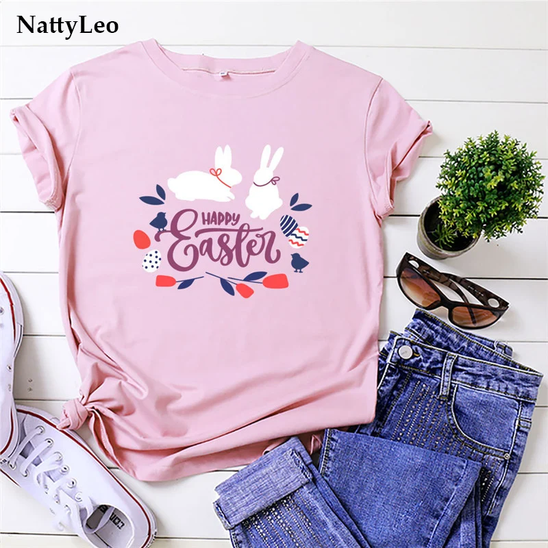 Summer Woman TShirts 100%Cotton Easter Bunny Print T-Shirt O Neck Short Sleeve Tees Women T Shirt Kawaii Pink Tops