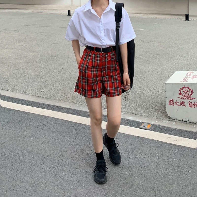 New Women Sexy High Waist Overalls Female Casual Fashion All-Match Shorts Summer Red Plaid Shorts Gothic Girls 2021 Streetwear