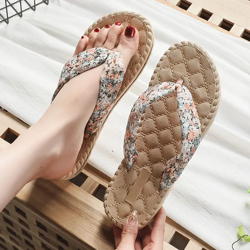 

Hemp rope hemp bottom sandals and slippers small floral cloth with clip-on women's slippers fashion outer wear flip-flops
