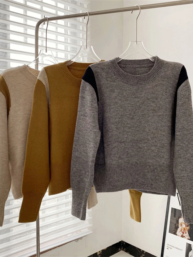 

Knit Classic Crew-neck Patchwork Women Pullover Autumn Korean Style BF Sweater Baggy Long Sleeve Lady Knitwear Vintage Harajuku