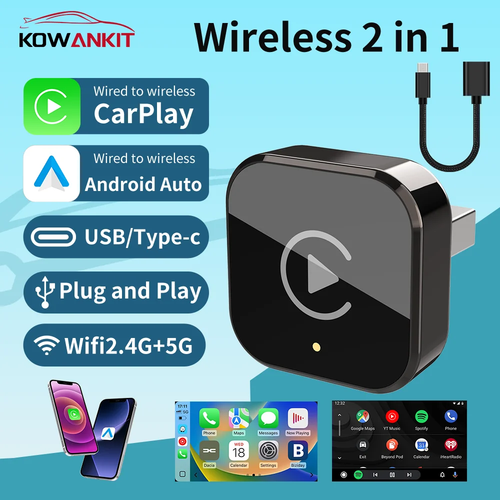 Фото Беспроводной адаптер Carplay Android Auto 2 в 1 Smart Mini Ai Box Plug & Play Wi-Fi Usb Dongle Подходит для автомобилей из 2016+ 2026 Новый №1