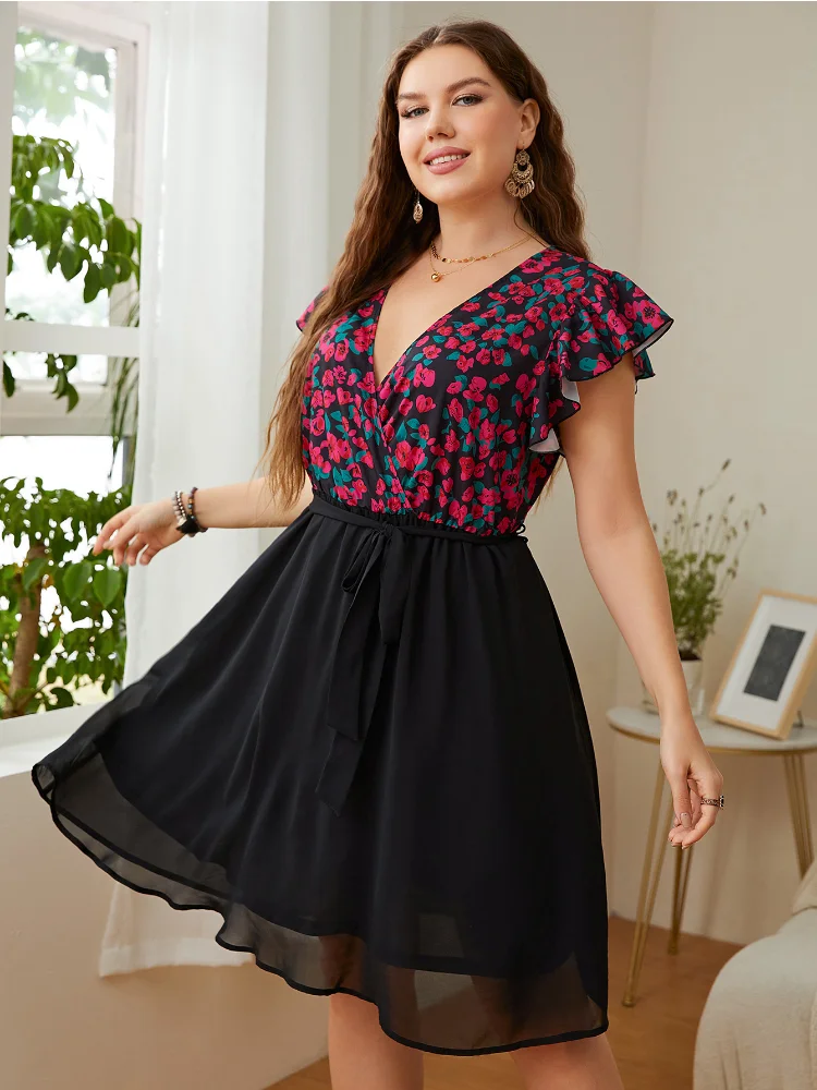 V-neck Large Women's 2022 New Fashion Print Loose Fit Dress plus size women clothing  party dresses