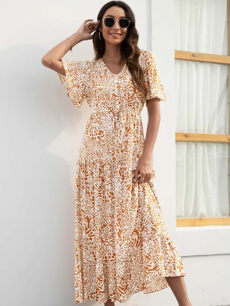 Женский сарафан с леопардовым принтом новое летнее платье макси V-образным