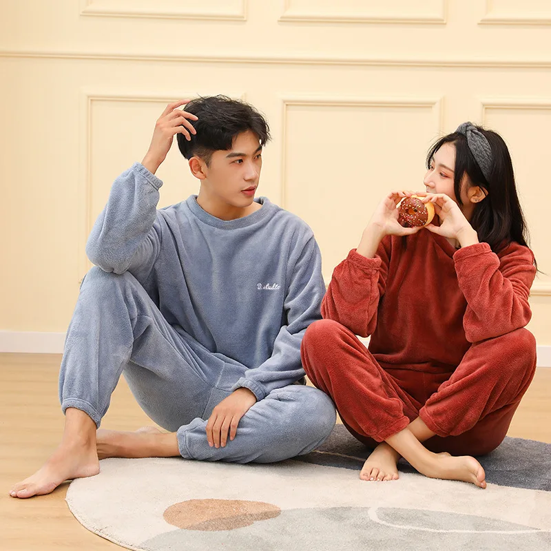 Lovers' Coral Velvet Pajamas Autumn And Winter Men's Home Clothing Warm Fur Thickened Embroidery Letters Outer Pajamas Women