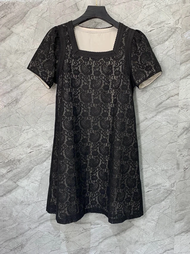 2023 new women's fashion short-sleeved square neck straight lace dress simple dress 0702