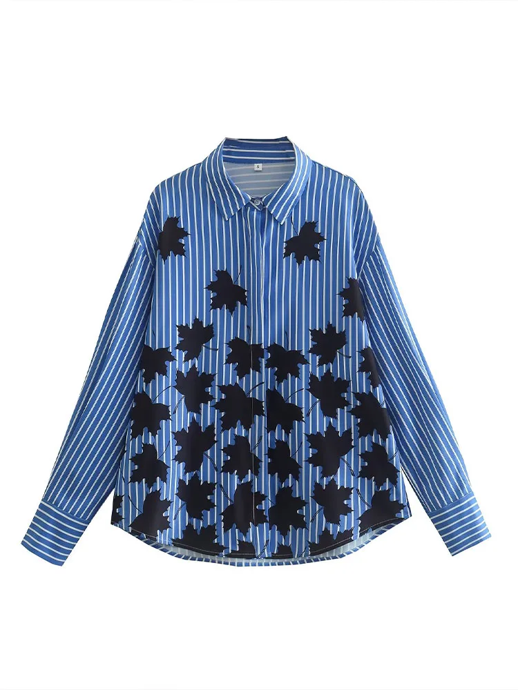 

PB&ZA2022 autumn and winter new women's chic lapel fashion leaves decorated positioning printed long-sleeved shirt