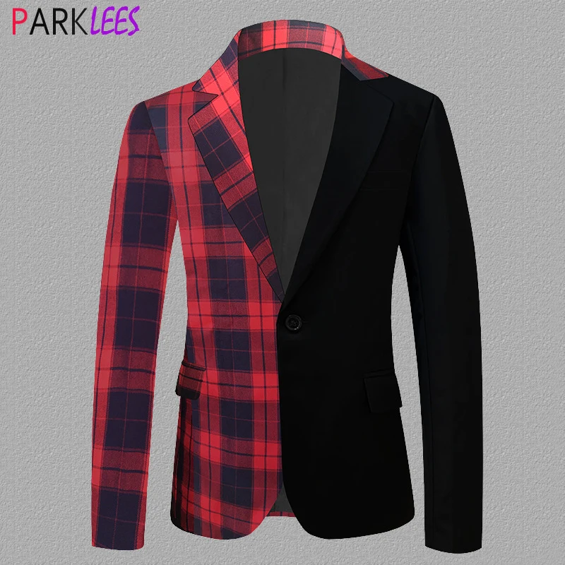 

Red Black Plaid Patchwork Suit Jacket Men 2022 Stylish One Button Peak Lapel Dress Blazers Mens Casual Party Prom Blazer Hombre
