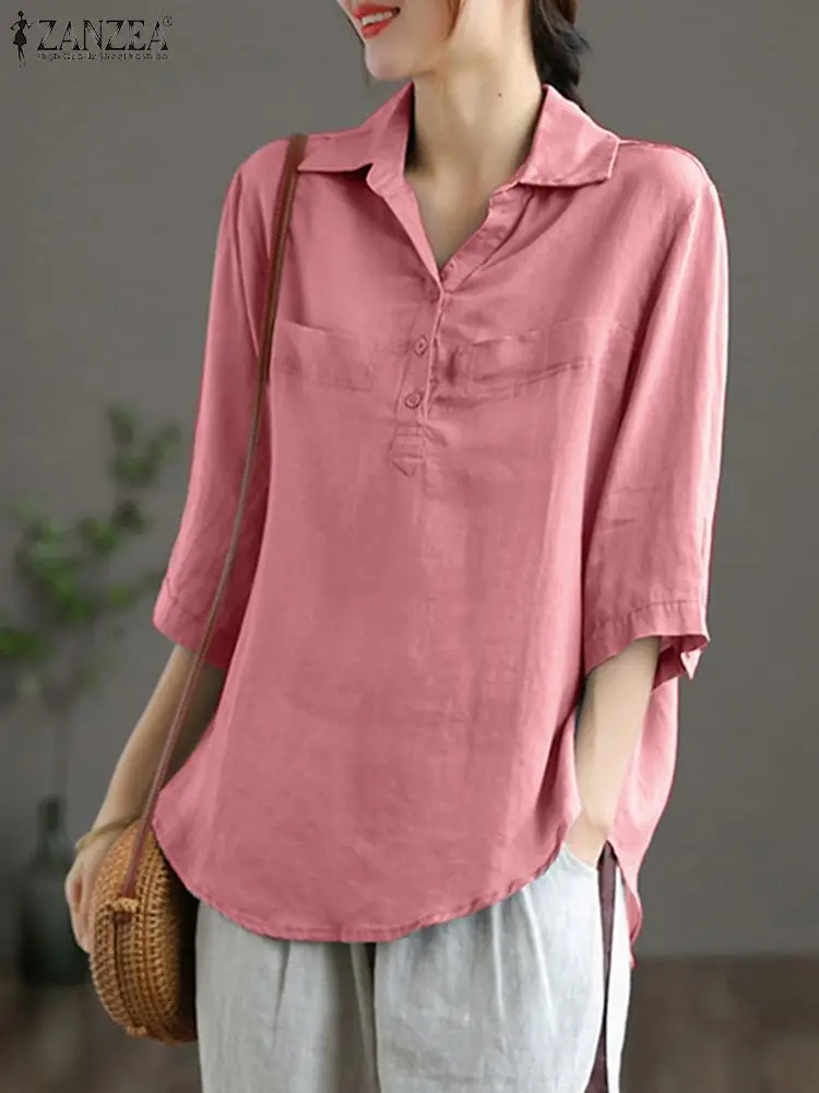 

ZANZEA Fashion Short Sleeve Shirt Women Lapel Neck Office Blouse Femme Casual Loose Tunic Tops Vintage Button Chemise Oversized