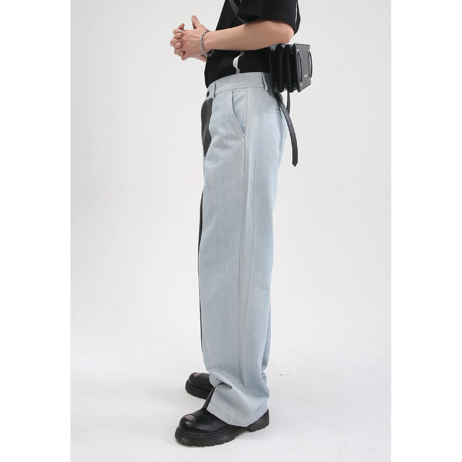 Four Seasons Men's Jeans Fashion Korean Style Leather Splicing Contrast Color Straight Casual Jeans Men's Y2k Pants Streetwear