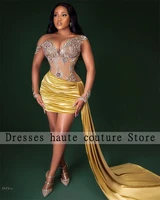 sexy appliques crystal cocktail dress gold short prom dresses celebrity party gowns lllusion mini homecoming dress