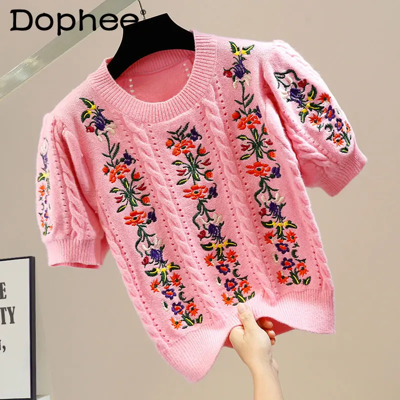 Exquisite Flowers Embroidered Short Sleeve Sweater Women Fashion Hollow Design Round Neck Pullover All-Matching 2022 Autumn