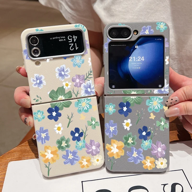 Для Samsung Galaxy Z Flip6 Flip5 Flip4 Чехол с мультяшной цветочной текстурой кожи Силиконовый