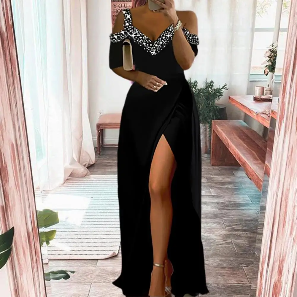 

Women Party Dress Off Shoulder Deep V Neck Women Maxi Dress Sexy Womenswear Flowy Summer Ladies Floor Dress Dance Wear