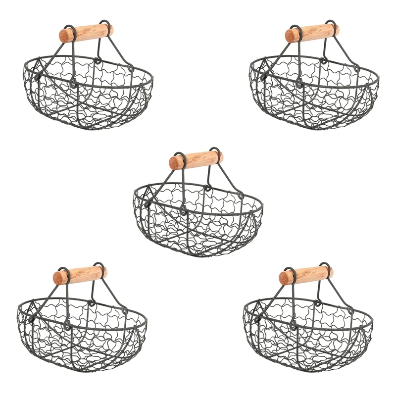 

5X Wooden Handle Metal Retro Basket Portable Multi-Function Vegetable Fruit Egg Groceries Practical Storage Basket