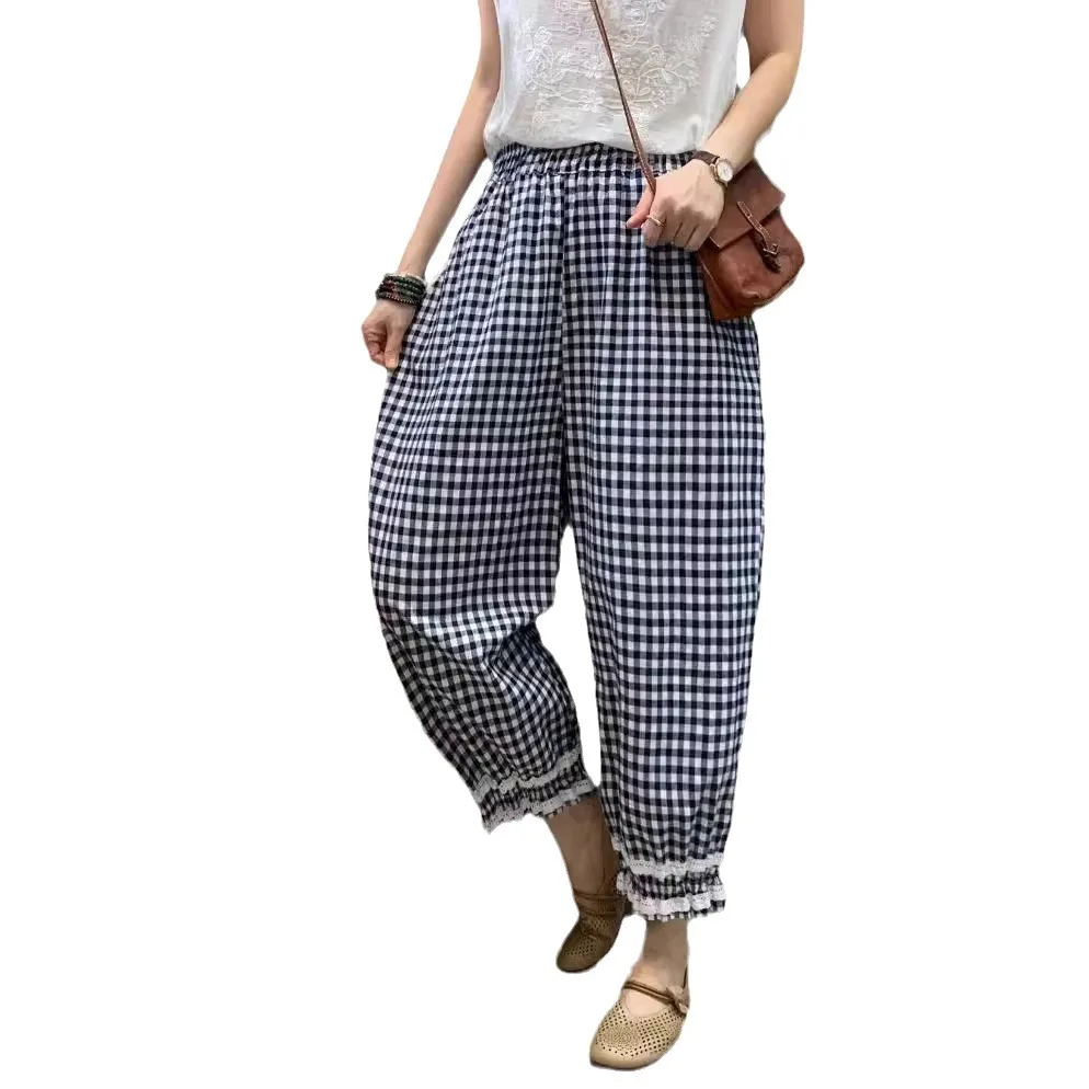 Летние хлопковые льняные шаровары в стиле ретро женские кружевные клетчатые