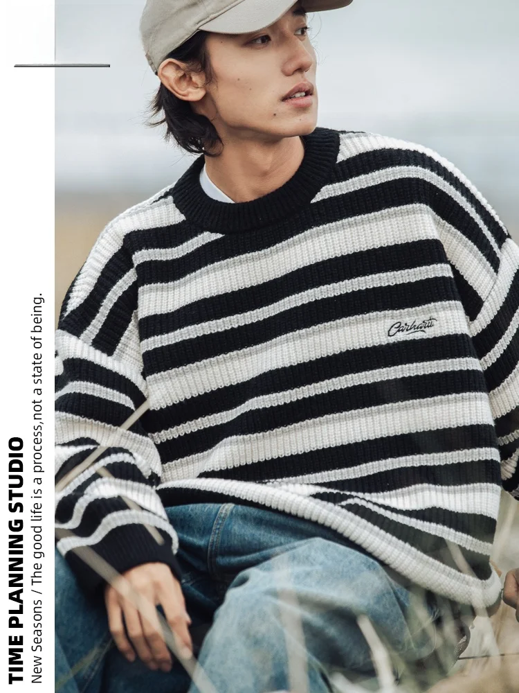 План времени винтажный контрастный цвет толстый полосатый свитер мужской