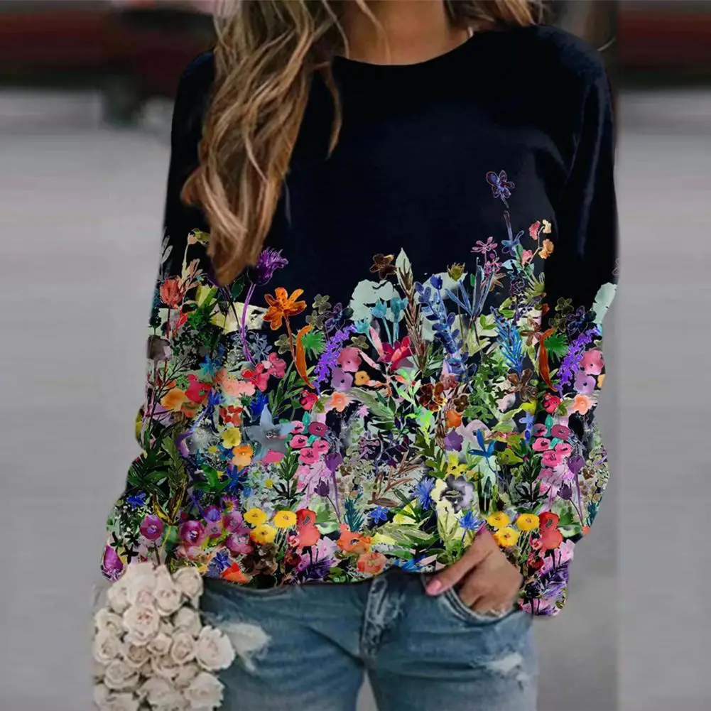 

Stylish Floral Decor Loose Style Sweatshirt Women Top Streetwear Long