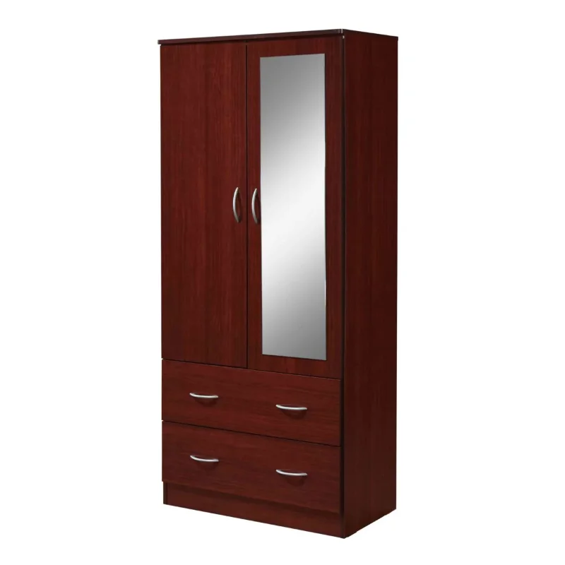 

Hodedah Two Door Wardrobe with Two Drawers and Hanging Rod Plus Mirror,（ Mahogany/Chocolate）Optional