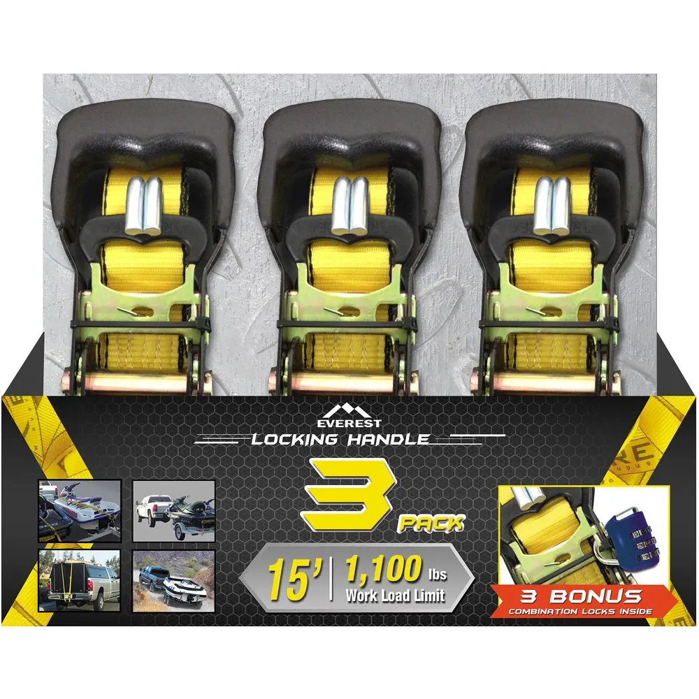 

1.5" x 15' Strap with Locking Handle Ratchet 3-Pack Premium Webbing Tent Accessories For Camping Hiking Fishing Travel Easy Set