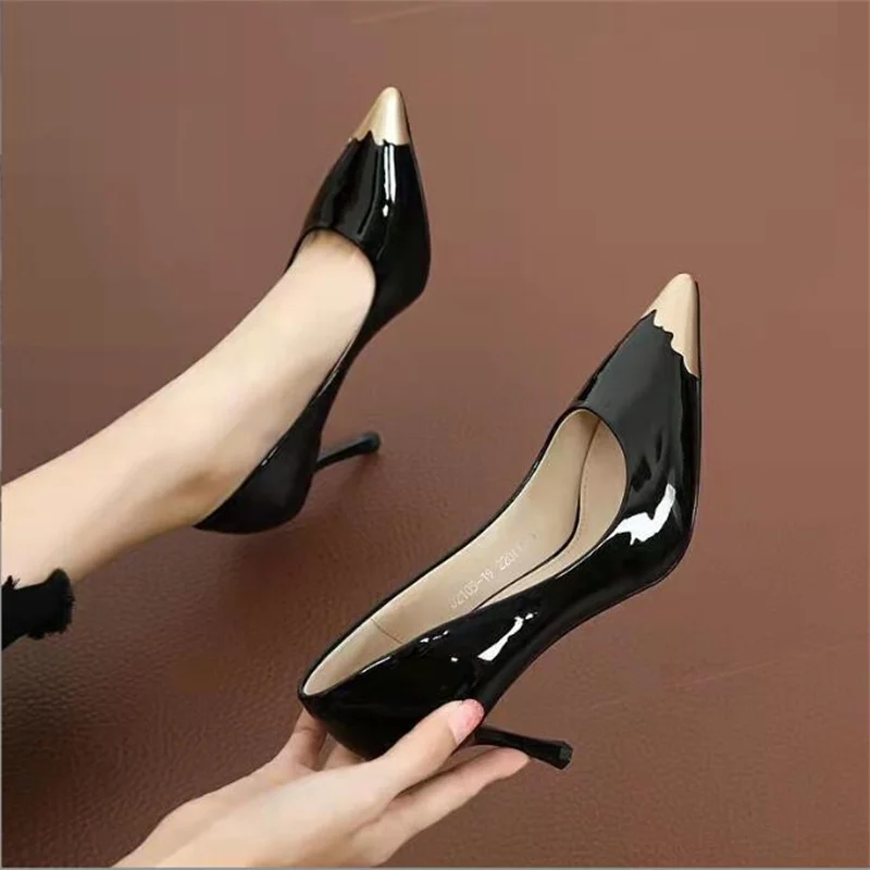 

Women's stiletto high heels fashion metal toe cap luxury design Patent Leather pointy High Heels women's Single shoes size 34-41