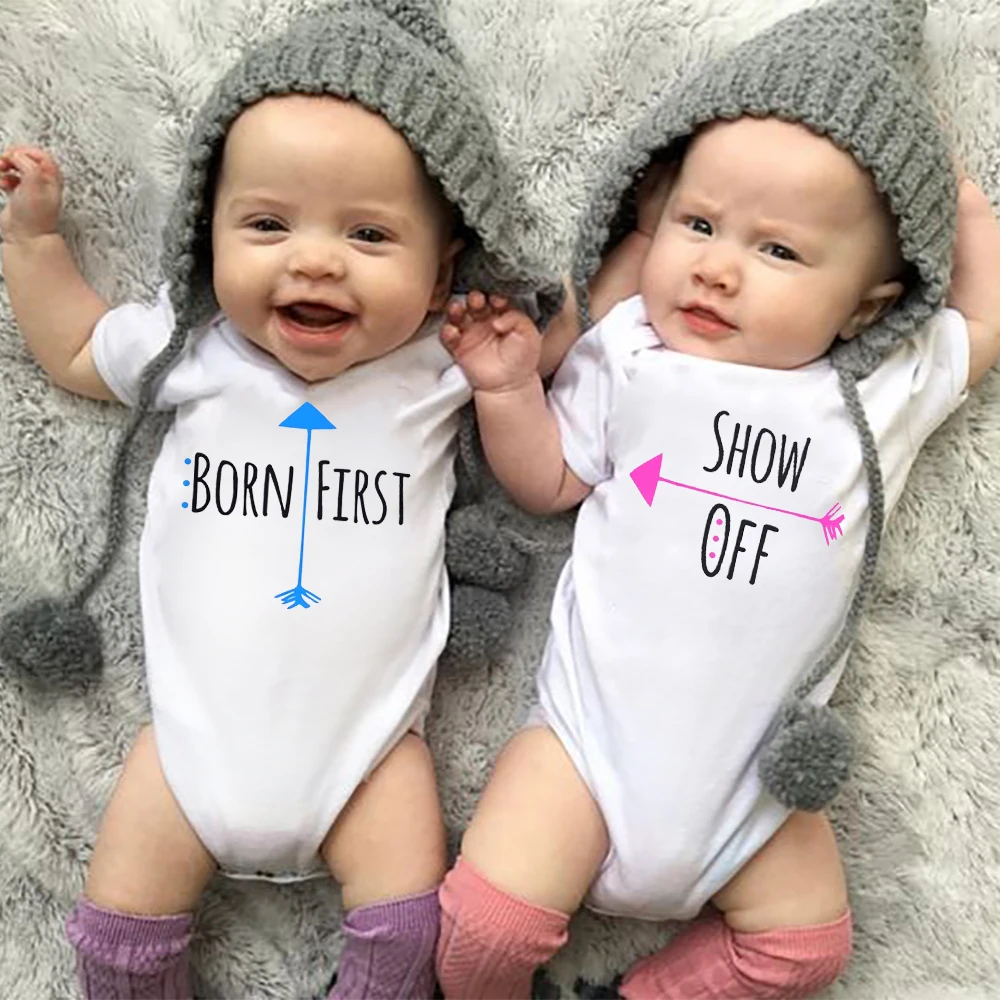 

Born First Show Off Twins Baby Romper Baby Announcement Short Sleeve Bodysuit Newborn Twins Bro Sister Summer Outfit Clothes