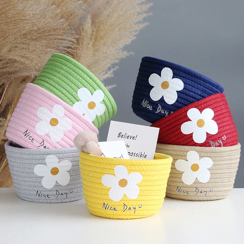 

Маленькие корзины для хранения из хлопкового шнура с цветами Ins, скандинавский декоративный органайзер для вечерние, милая настольная коро...