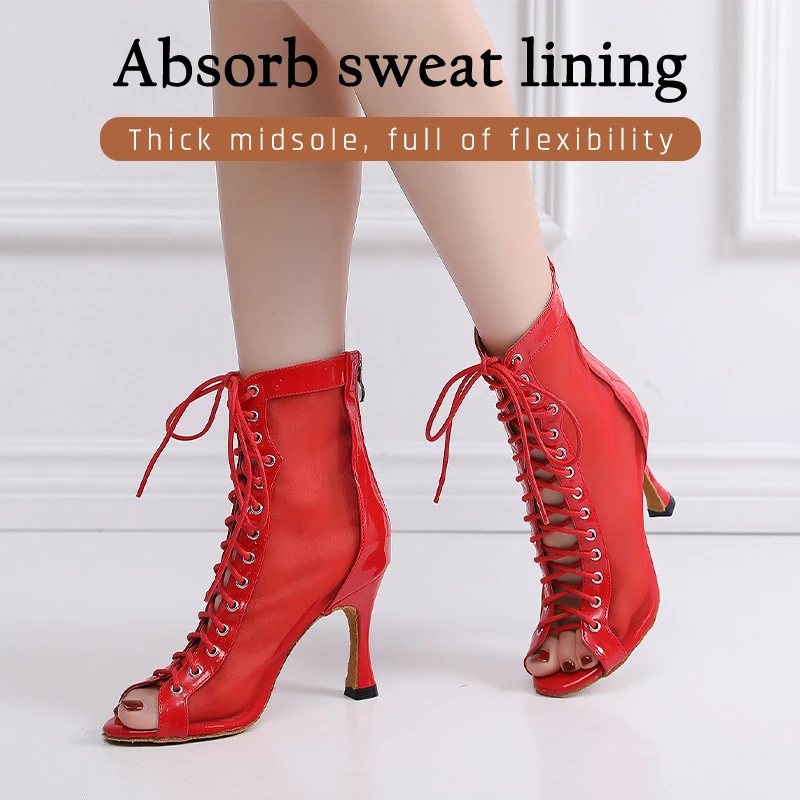 Hipposeus Black Latin Dance Shoes Woman Ladies High Heels Tansparent Mesh Kizomba Bachata Stage Performance  Soft Bottom Party