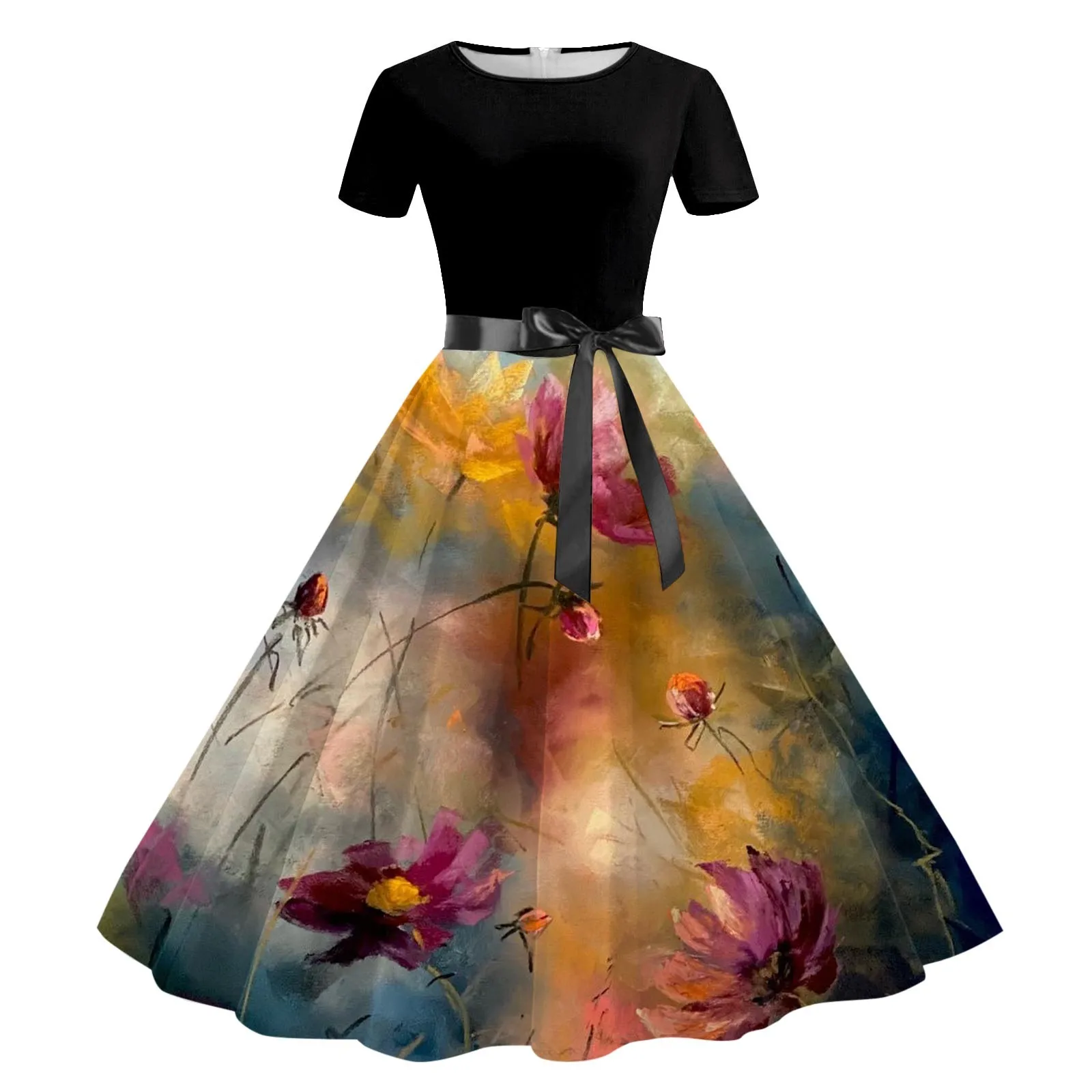 

Casual Vintage Cocktail Dresses For Women Short Sleeve Knee Length Retro A Line Flared Womens Simple Short Sleeve T Shirt Dress