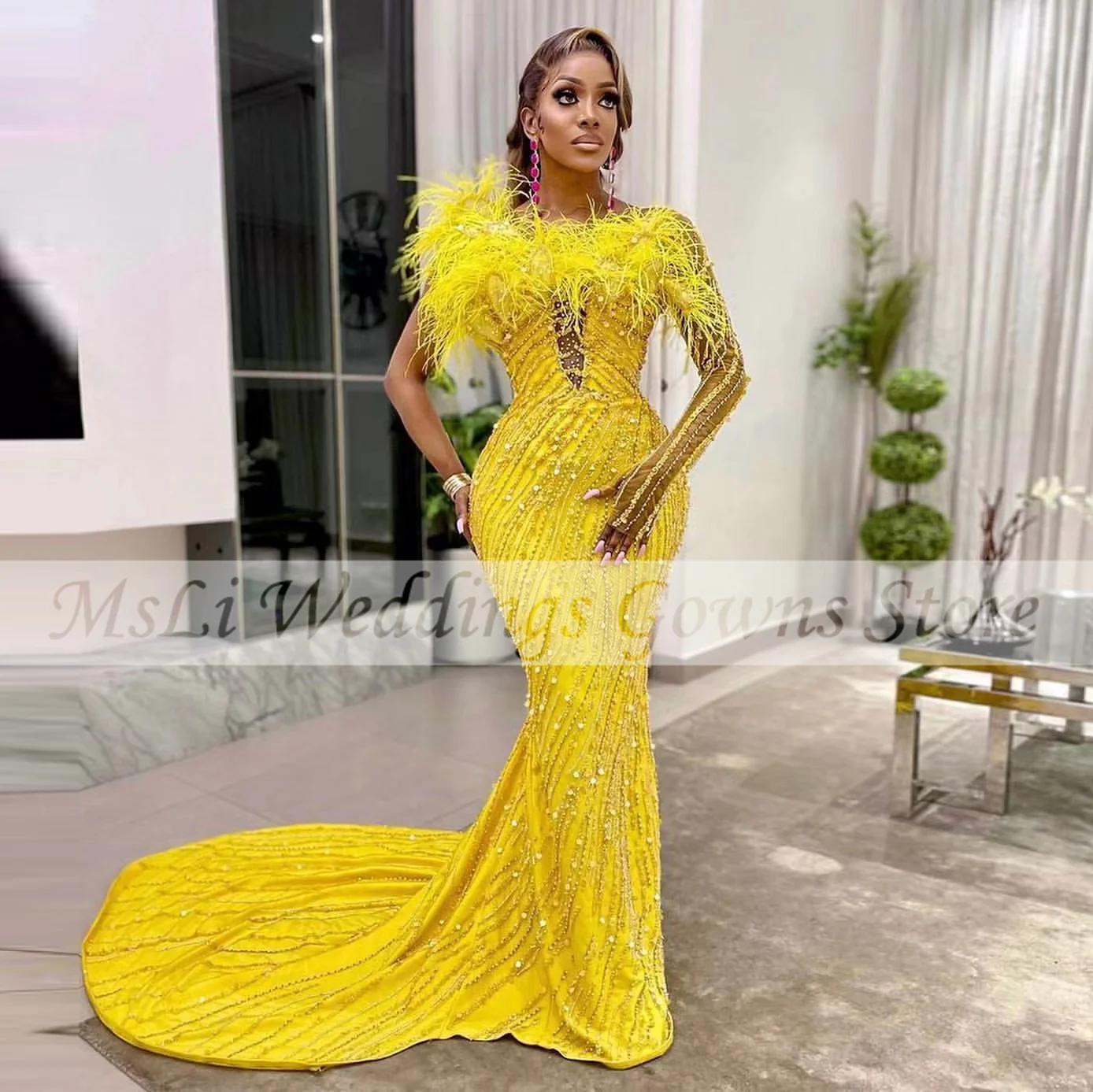 

Женское вечернее платье с юбкой годе, желтое платье на одно плечо с бусинами и блестками, платье для выпускного вечера, 2019