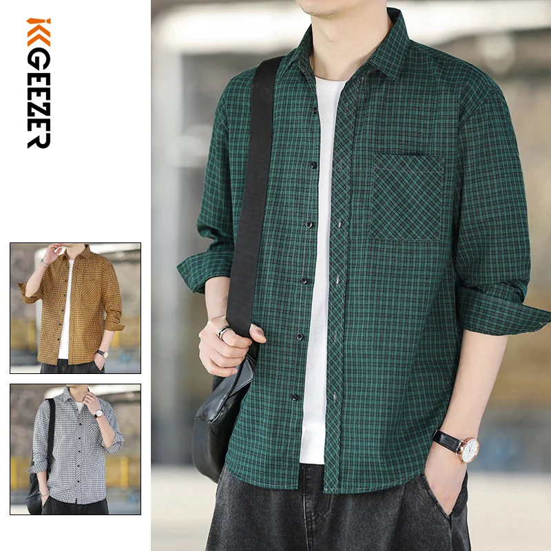 Мужская Фланелевая рубашка в клетку, зеленая Повседневная Свободная ...