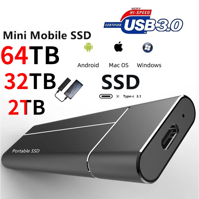 

64TB SSD High Speed External M.2 Solid State Disk Mass Storage USB 3.1 Type-C Interface 32TB Memory Metal Material Plug and Play