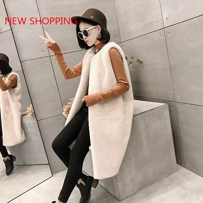 2021 Autumn Fashion Women Fur Vest Elegant Long Winter Jacket Coat Warm Soft Ladies Faux Rabbit Fur Coats Sleeveless Jacket
