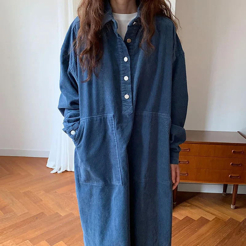 

SuperAen, Ретро стиль, отложной воротник, большой карман, свободный, большой размер, Длинный разрез, уличная мода, длинные джинсовые прямые плать...