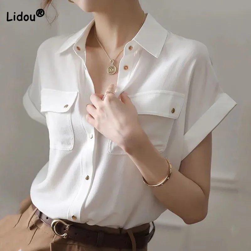 

Модная офисная однотонная шифоновая блузка, простая универсальная рубашка-поло с коротким рукавом и пуговицами, Летняя женская одежда